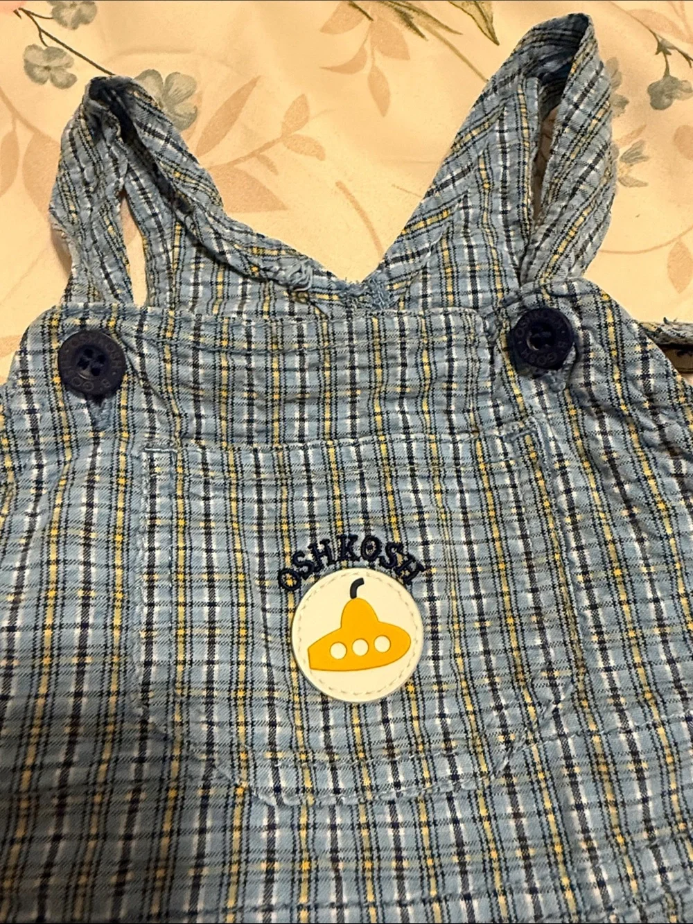 OshKosh B'gosh Blue dungarees cotton Plaid Overalls with Yellow Patch size 12M